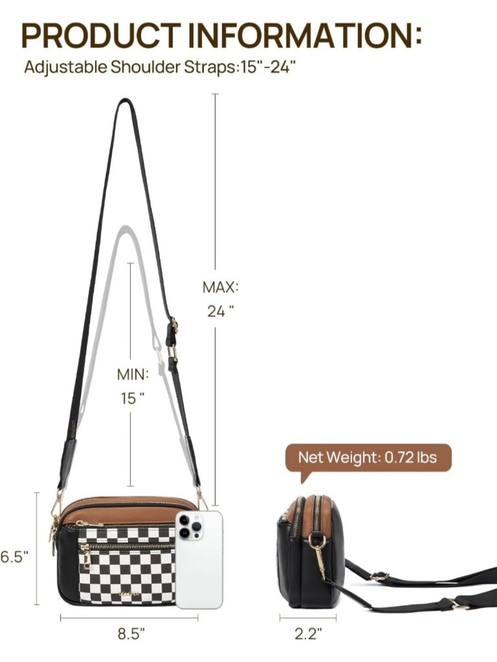 Women's Beige Black Vegan Leather Purse Adjustable Wide Strap Crossbody Bag - Picture 4 of 6